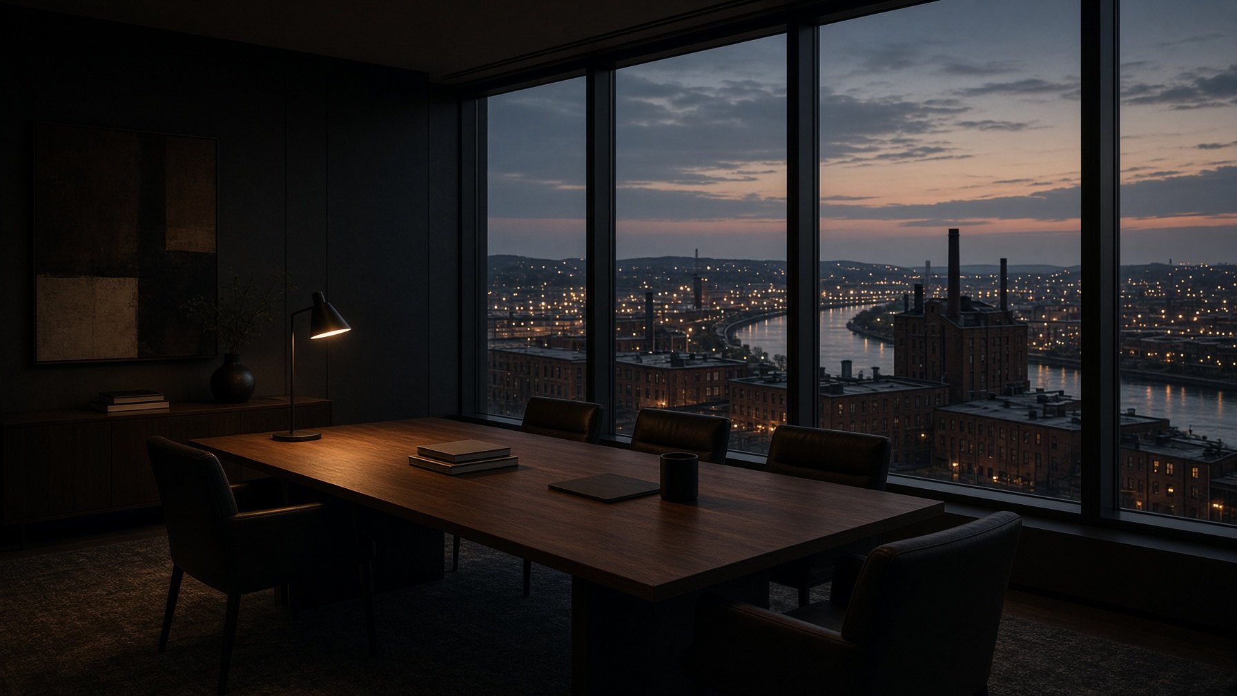 A quiet boardroom at dusk overlooking a mill town